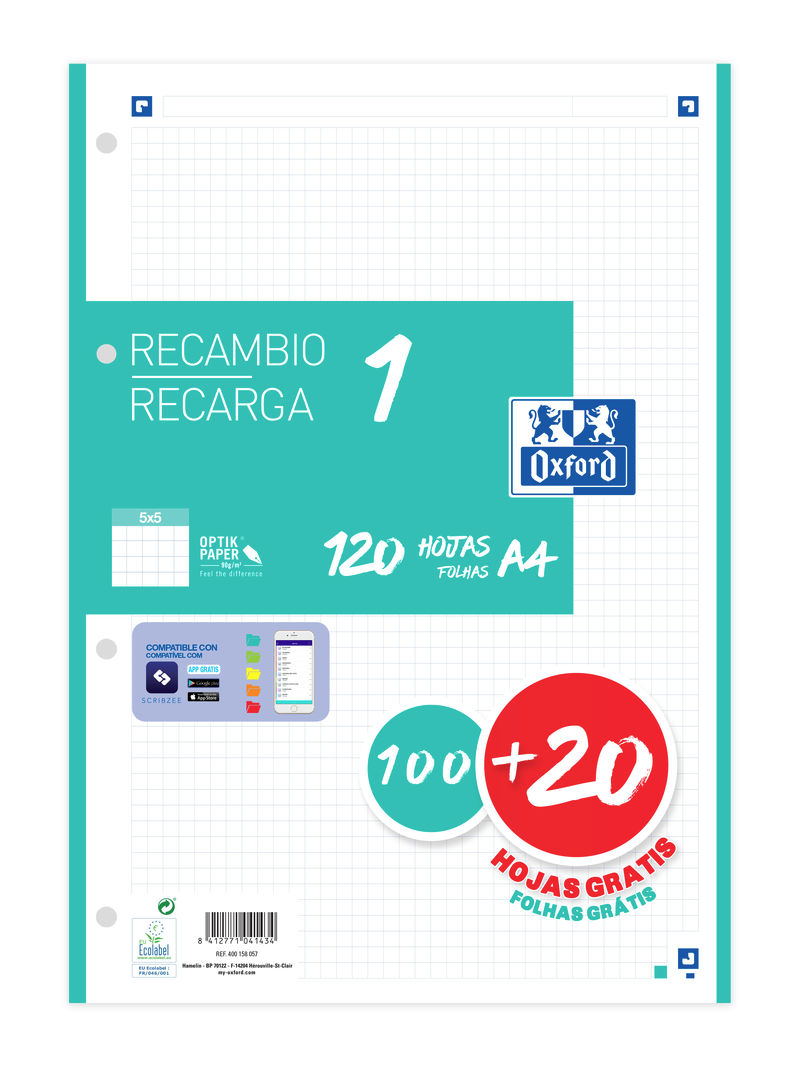 RECAMBIO 1 PAQUETE A4 100+20 HOJAS 5X5 ICE MINT 90GRS