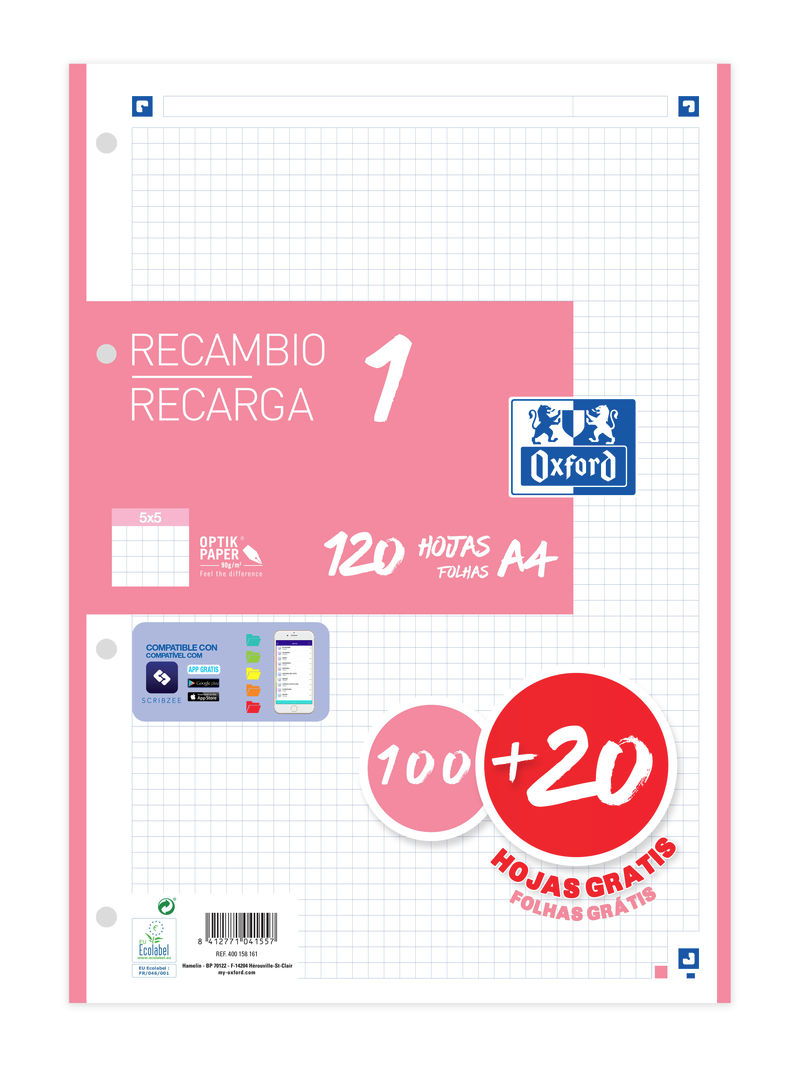 RECAMBIO 1 PAQUETE A4 100+20 HOJAS 5X5 ROSA CHICLE 90GRS