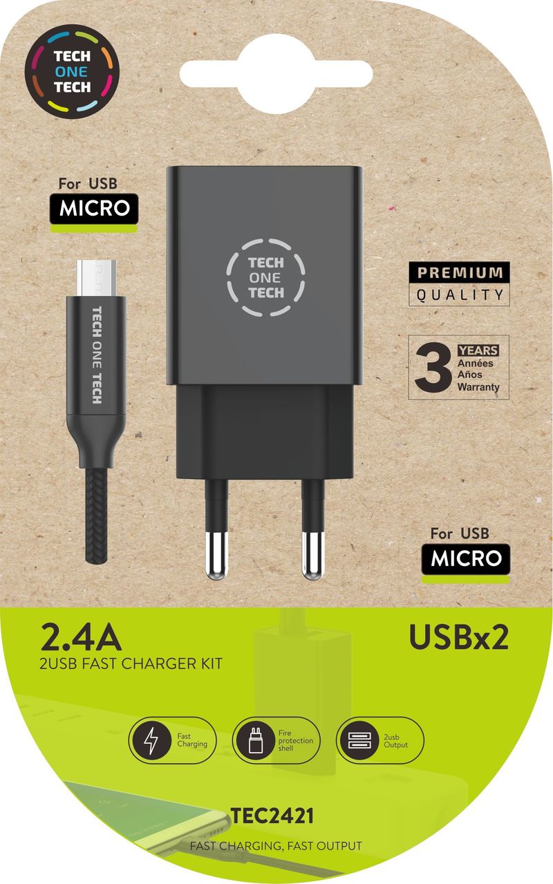 cargador doble negro+cable nylon micro usb 2, 4a - 