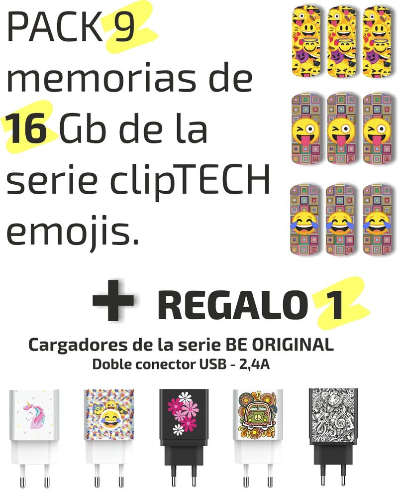 PAQ / 9 MEMORIAS USB 16GB CLIPTECH EMOJIS + CARGADOR REGALO