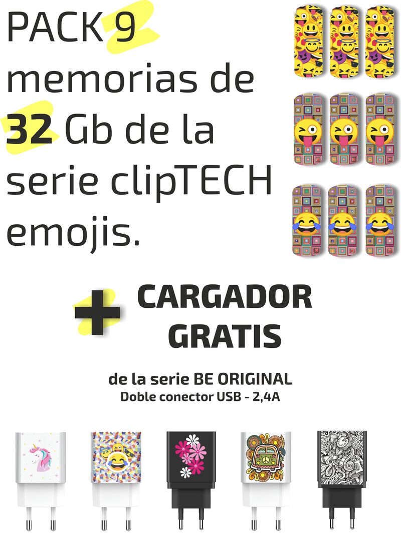 paq / 9 memoria usb 32gb cliptech emojis + cargado regalo - 