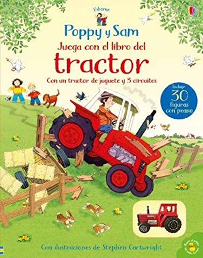 poppy y sam juega con el libro del tractor juguete